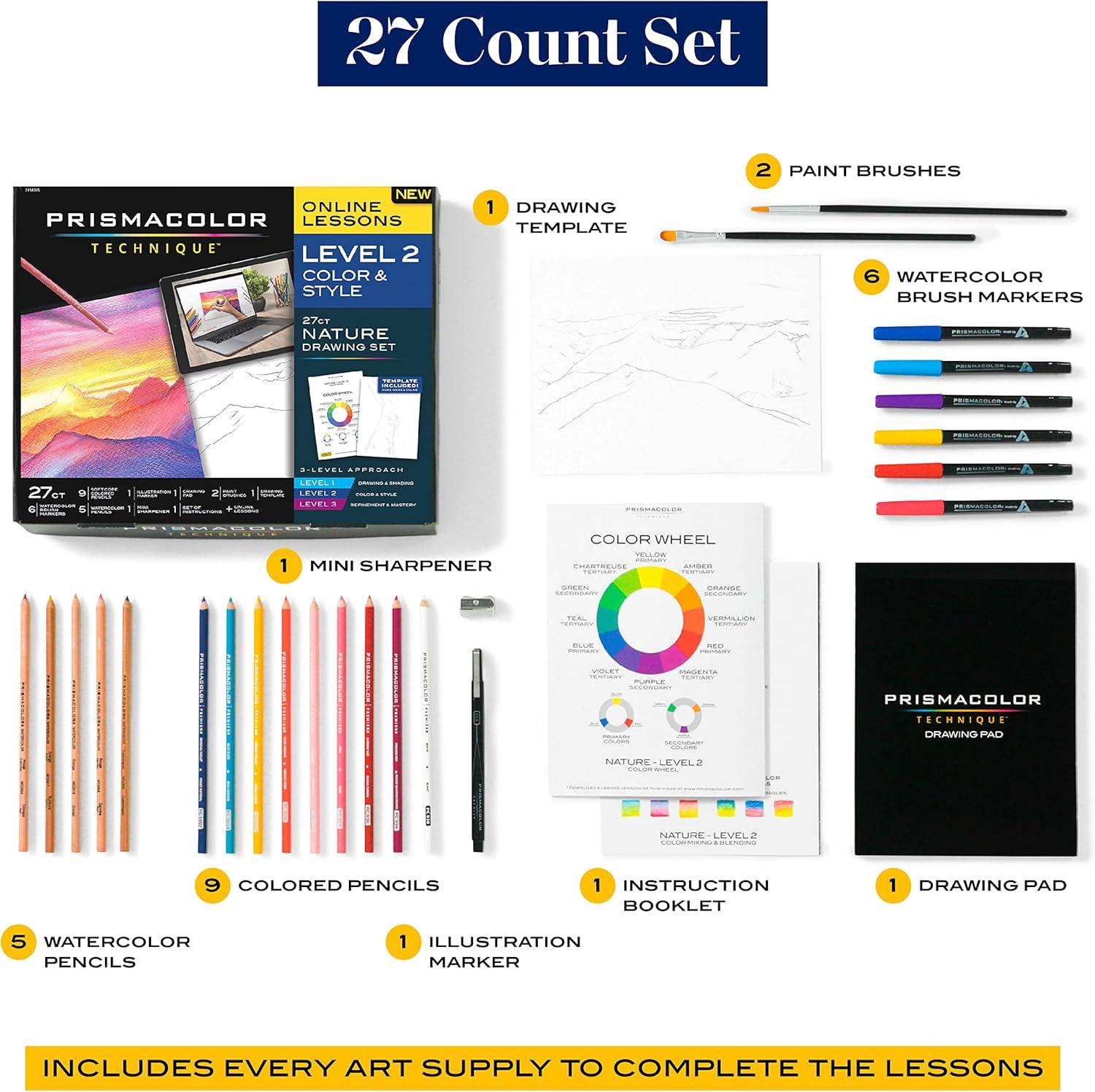 imagePrismacolor Technique Art Supplies and Digital Art Lessons Nature Drawing Set Level 2 Watercolor Pencils Brush Markers and More Sunset Landscape Drawing 27 Count1 Count Pack of 27 Pack of 4